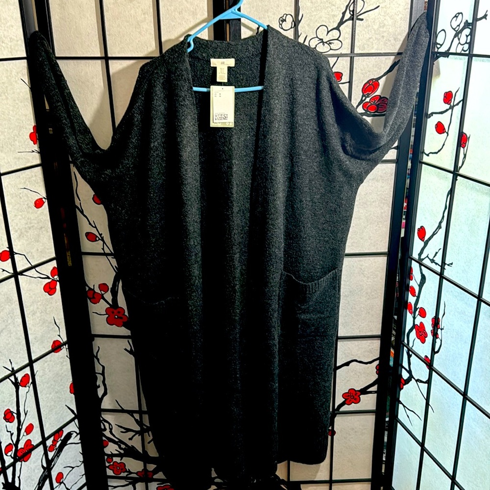 Woman gray black floor length cardigan sweater